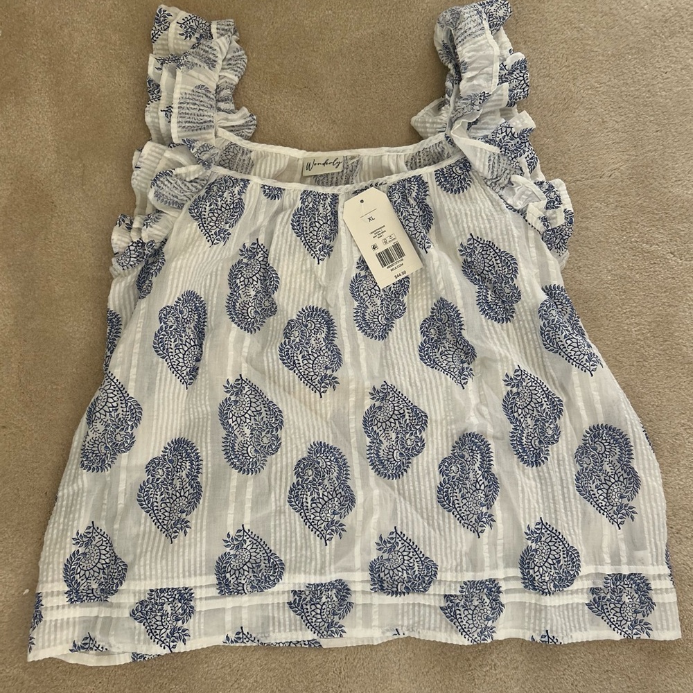 Wonderly Blue and White Ruffle Sleeve Tunic